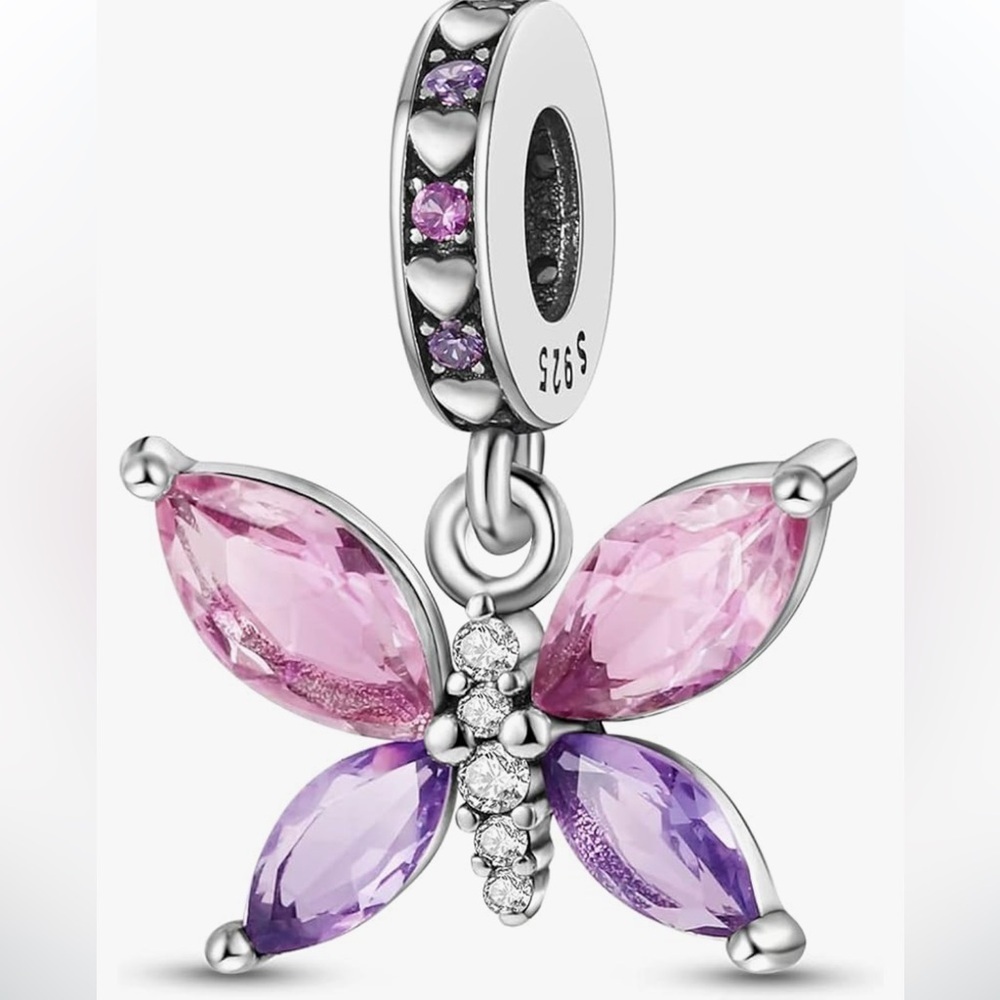 Butterfly in pink and purple CZ sterling silver 925 fits all Pandora bracelets